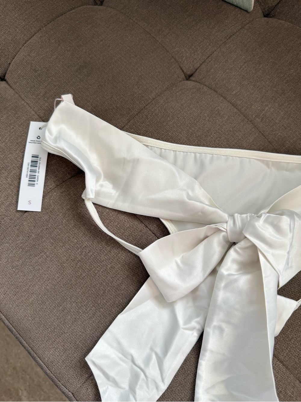 Adore Me Ivory Satin Bow-Back Bikini Bottoms and bra